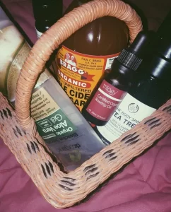 My 2017 skincare collection consisting of Tea tree foaming cleanser and tea tree oil by The Body Shop, Aloe vera gel by Dr. Organic, Rosehip oil by Trilogy, and Apple cider vinegar by Bragg